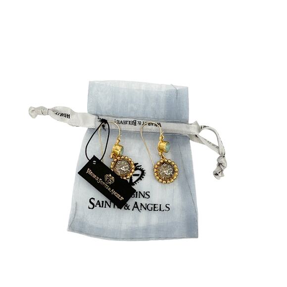 VIRGINS SAINTS & ANGELS VSA Magdalena Sacred Heart Earrings Gold & Pacific Opal - Picture 2 of 8